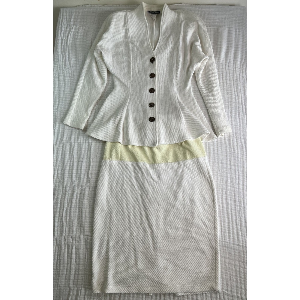 Vintage All that Jazz Skirt White Yellow 2pc Skirt Suit Sz 13/14 Stretch Waffle